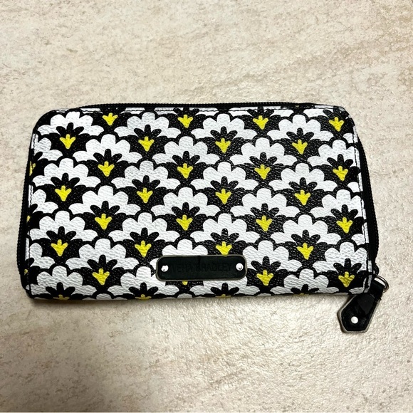 Vera Bradley Black White Yellow Leather Zip Around Continental Wallet - Picture 1 of 9